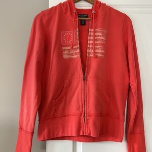 VTG POLO Ralph Lauren Orange Full Zip Hoodie w Embroidery & Flag Graphics